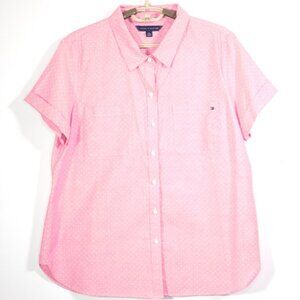 Tommy Hilfiger Short Sleeve Button Up Shirt Blouse Sz XL Pink Polka Dot Pockets
